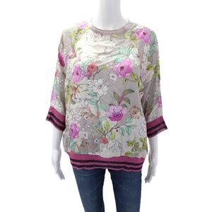Fil Noir Womens Floral Print Striped Knit Detail Blouse Gray Size EUR 36